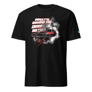 Dodge Challenger coming out of smoky burnout shirt front side view